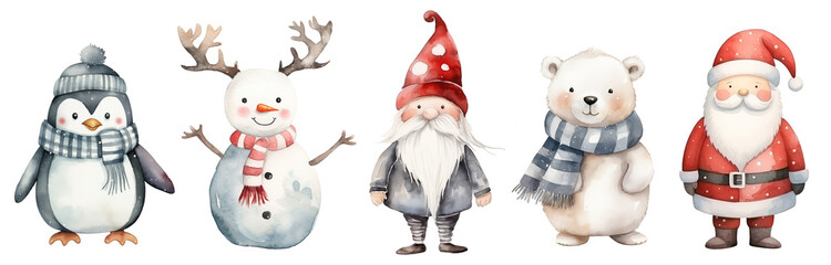 Watercolor set of cute Christmas characters: penguin, snowman, scandinavian gnome, polar bear and Santa Claus isolated on white background