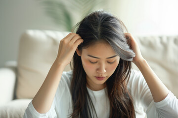 Fototapeta premium Young woman is gently massaging her scalp with her fingertips, promoting hair growth and relaxation