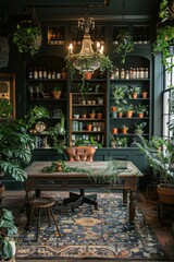 Cozy Vintage Home Office with Indoor Plants and Antique Furniture in a Rustic Setting