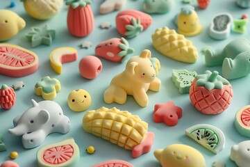 A whimsical collection of novelty erasers shaped like animals and fruits, arranged playfully on a child's study desk
