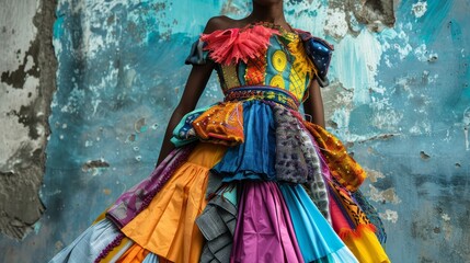 Fototapeta premium Revived Elegance: Vibrant Upcycled Fashion Piece with Innovative Design