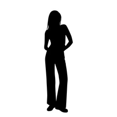 Vector silhouette of a young attractive slender woman, profile, standing, black color, isolated on a white background