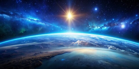 Fototapeta premium A Cosmic Sunrise Over a Distant World, Digital Art, Earth-like Planet, Distant Galaxy, Starry Sky, Space Exploration, Galaxy, Planet, Sunrise