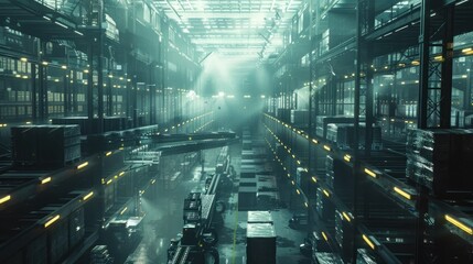 Sprawling Industrial Warehouse with Towering Metal Shelves and Conveyor Belts in Constant Motion