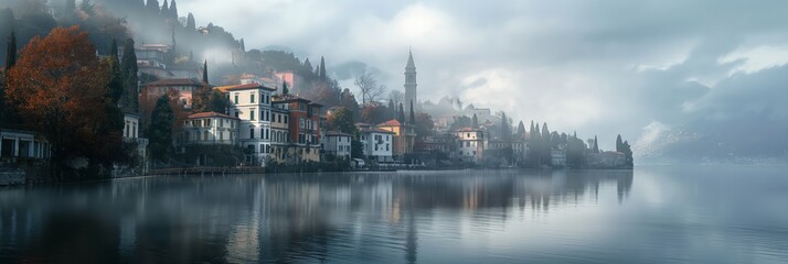 beautiful old European town on riverside with misty fog cover in morning, calm, peaceful 