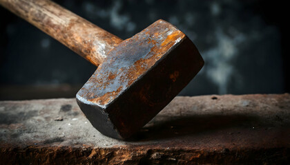 A close-up of a rusty sledgehammer with a dark background, emphasizing the decay and wear.