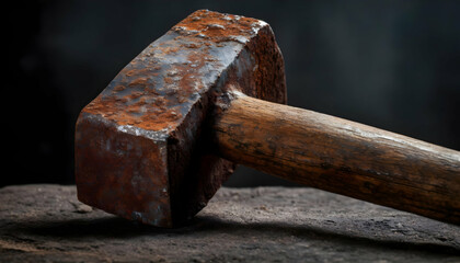 a rusty sledgehammer with a dark background, emphasizing the decay and wear.