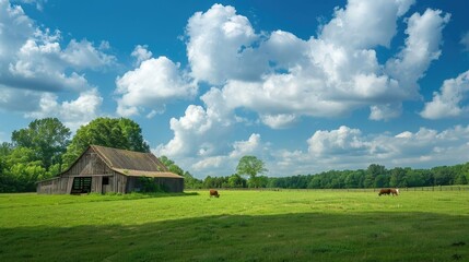 Obraz premium Picturesque American Farm Landscape with Weathered Barn and Grazing under Idyllic Blue Sky