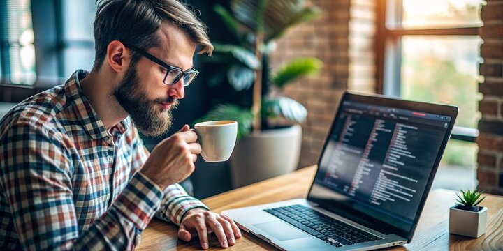 A Programmer Enjoying a Cup of Coffee While Working on His Laptop, Close-up, Color Image, Man, Coffee, Work  ,programmer, coffee break, laptop,  work