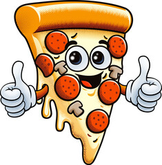 A cute pizza cartoon character mascot food illustration giving a thumbs up