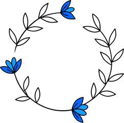 Delicate wreath with blue flowers and leaves, ideal for designs and invitations.