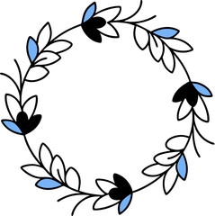 Stylish floral wreath with blue and black accents, great for contemporary designs.
