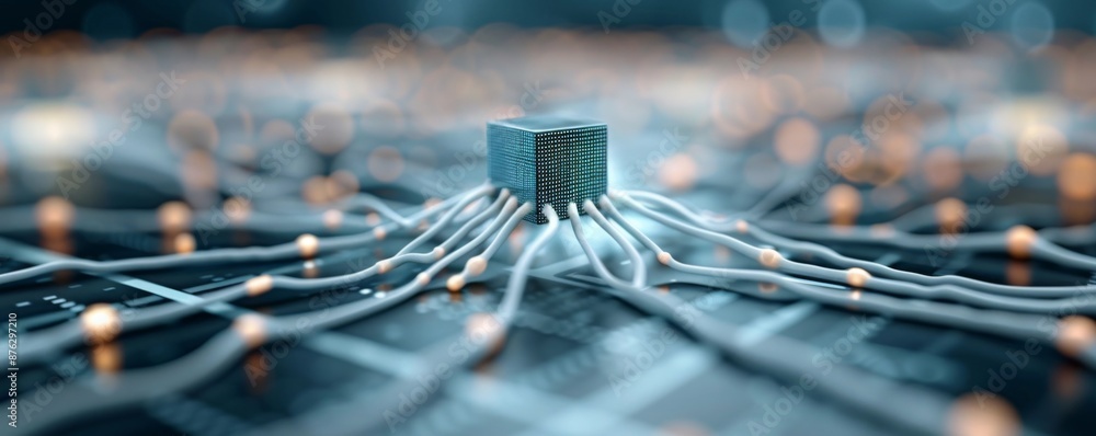 Aufkleber futuristic brain chip integrating with human neurons digital rendering with vibrant colors