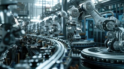 Fototapeta premium Robotic Factory Workers in Metallic Exoskeletons Operate Seamlessly Integrated Machinery