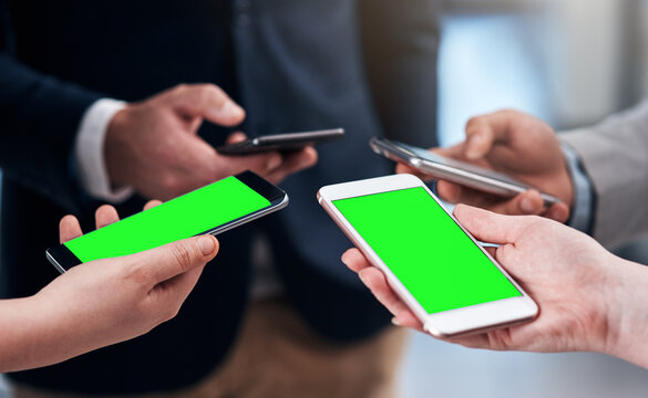 Green screen, mobile and hands in group chat for contact us, networking and online connection in circle. Entrepreneur or business people with phone app for collaboration, b2b or cloud sharing mockup