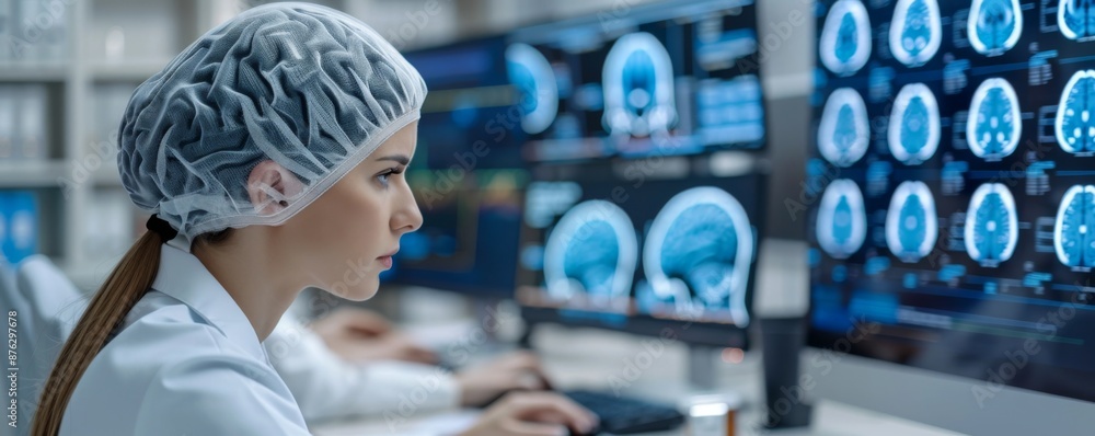 Aufkleber futuristic brain chip data analysis in a high tech research lab