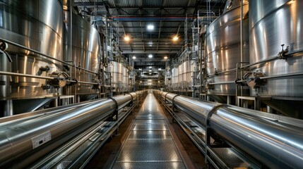Fototapeta premium Massive Commercial Food Production Facility With Rows of Shimmering Metal Containers and Complex Assembly Lines
