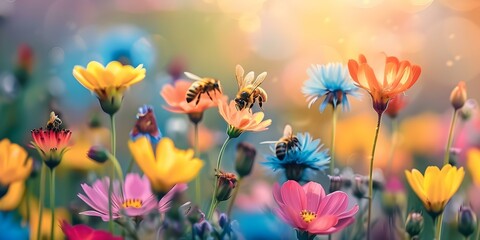 Obraz premium Vibrant image of bees in a colorful flower field celebrating World Bee Day. Concept Nature Photography, World Bee Day, Colorful Flowers, Bee Conservation, Vibrant Wildlife