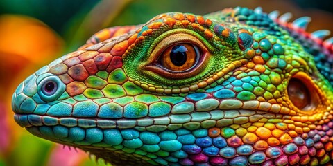 Fototapeta premium Close-Up of a Vibrant Rainbow Lizard's Eye and Scales, reptile , lizard , scales , colorful