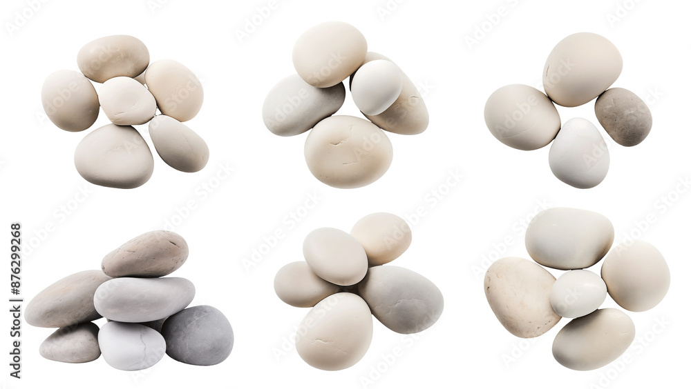 Aufkleber six images of smooth white river stones arranged in various shapes and sizes against a white backgro