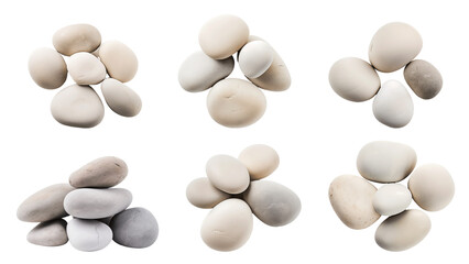 Six images of smooth white river stones arranged in various shapes and sizes against a white background, creating visually interesting patterns