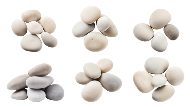 Six images of smooth white river stones arranged in various shapes and sizes against a white background, creating visually interesting patterns