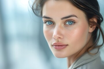 Naklejka premium A woman with blue eyes gazes intently from a window, her face illuminated by soft, natural light