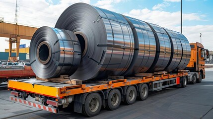 Naklejka premium Steel metal sheet roll being transported on a trailer, highlighting the importance of heavy-duty transportation in industry