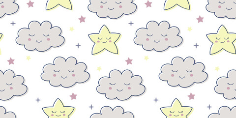 Children s cute pattern with a small sleeping cloud and a star. Childrens cute background for wallpaper, fabric, paper