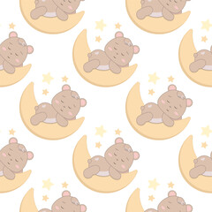 Children s cute pattern with a small bear cub sleeping on a crescent moon. Childrens cute background for wallpaper, paper, fabric