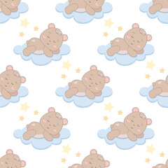 Fototapeta premium Children s cute pattern with a small sleeping bear cub on the clouds. Childrens cute background for wallpaper, paper, fabric.