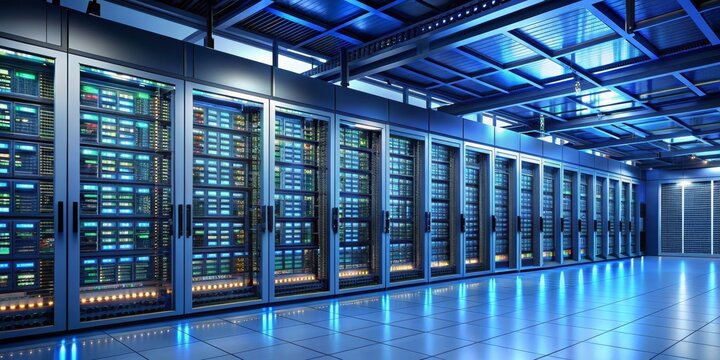 Data Center Server Room with Blue Lighting, 3D Render, Technology, Infrastructure, Network, Data Storage