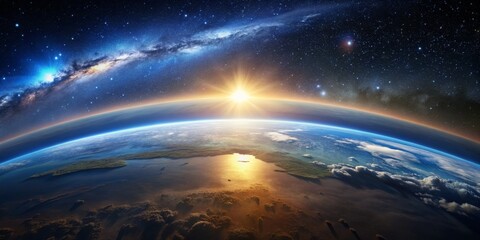 Earthrise Over a Dusty Landscape, Digital Art, Planet Earth, Galaxy, Sunrise, Space Exploration, Earth Observation, Planet Earth, Celestial