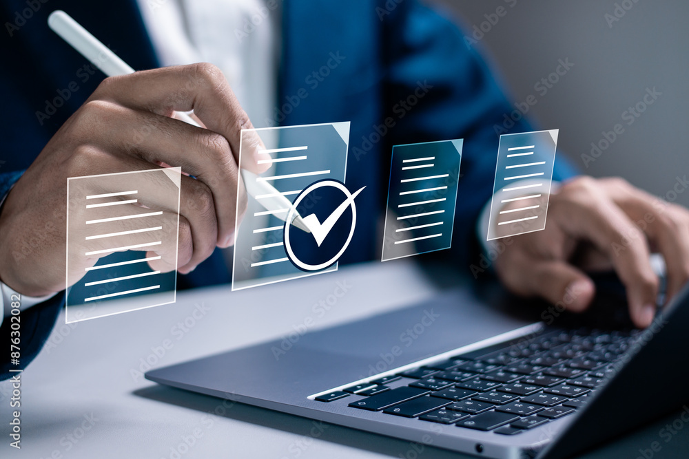 Poster digital form checklist, filling out online survey forms, questionnaires, assessment forms. businessm