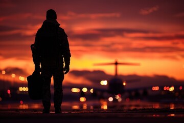 Fototapeta premium An airport worker's silhouette stands out as they guide a plane to its designated spot. The evening sky and runway lights create a dramatic scene, focusing on the crucial responsibilities of ground