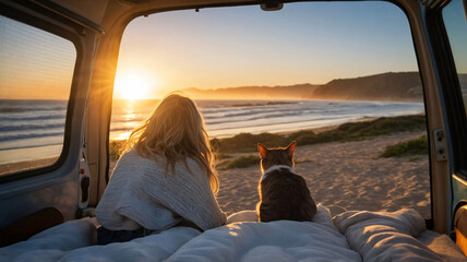 Woman and her cat watching sunset on the beach from inside a camper van, motorhome or RV. Sleeping inside camper van. Van life, camping and travel with pet