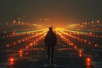 Fototapeta premium A lone silhouette of an airport worker is captured walking along the runway, framed by the glow of runway lights. The image highlights the solitude and responsibility of their role, emphasizing the
