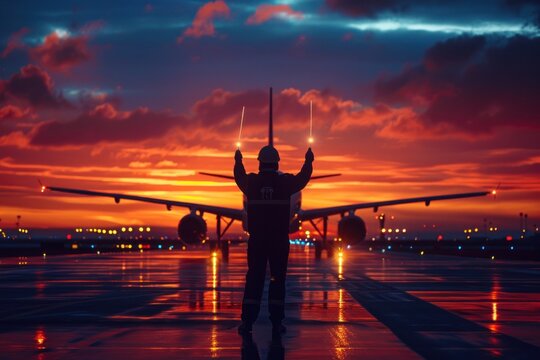An airport worker's silhouette is seen directing an aircraft on the tarmac with light wands. The evening sky and runway create a dramatic backdrop, emphasizing the precision and coordination required