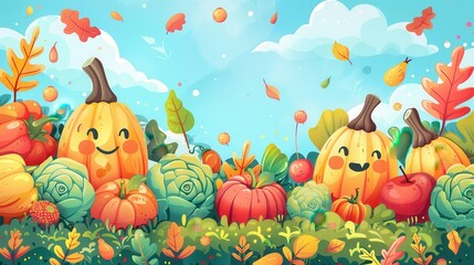 Obraz premium Whimsical autumn scene with happy pumpkins and colorful leaves, perfect for a festive and delightful fall illustration or background.
