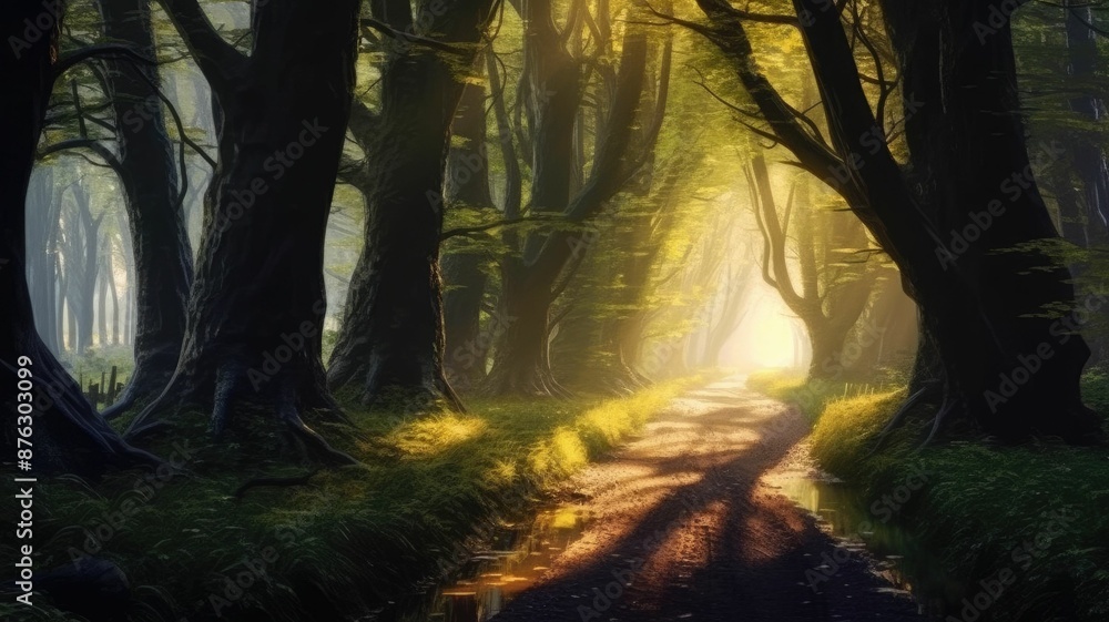 Poster enchanting forest pathway with beams of sunlight filtering through the trees, creating a mystical at