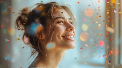Woman joyfully celebrating with confetti - happiness, achievement, pride, joy
