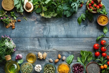 Fresh Organic Vegetables, Herbs, and Spices on Rustic Wooden Table - Healthy Cooking Ingredients and Natural Food Background