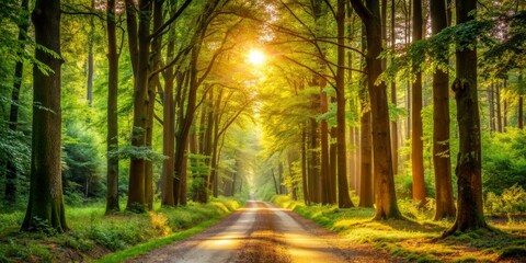 Golden Sunrays Illuminating a Forest Path,  Sunlight, Forest, Trees, Path