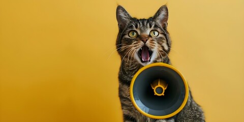Cat with megaphone against yellow background for humorous advocacy or promotions. Concept Cats, Humor, Advocacy, Promotions, Yellow Background