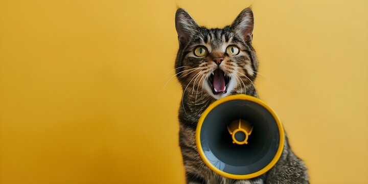 Cat with megaphone against yellow background for humorous advocacy or promotions. Concept Cats, Humor, Advocacy, Promotions, Yellow Background