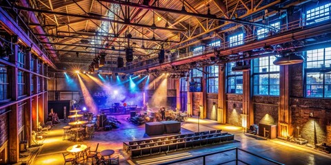 Obraz premium Industrial Stage Setup with Blue and Yellow Lighting, Concert Venue, Stage Lighting, Music Event, Industrial Architecture