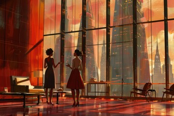 Two women stand in a modern room with large windows showcasing a city skyline at sunset