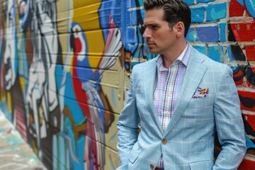 A man wearing a light blue checked blazer and a pink and white plaid shirt stands casually against a brick wall covered in a vibrant graffiti mural