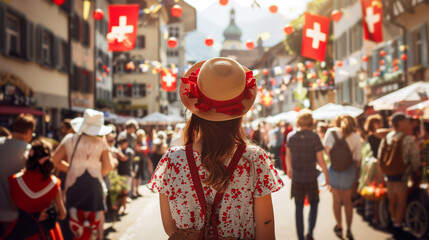 The street in Switzerland is decorated with the flag of the Swiss National Day