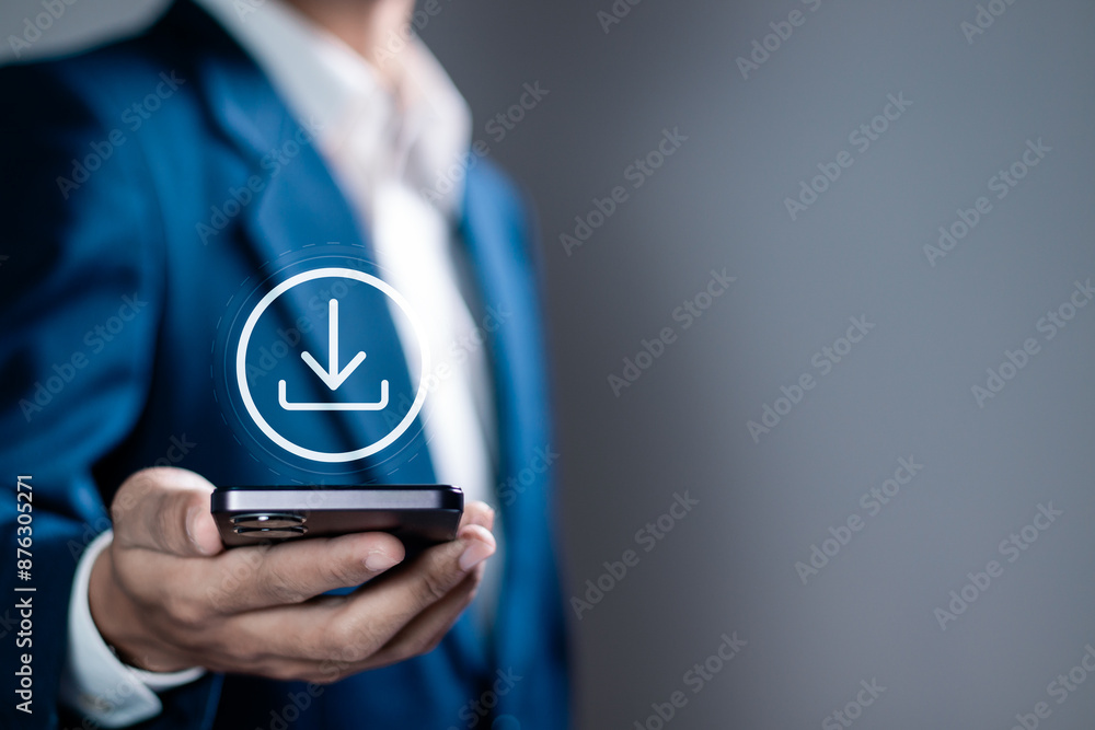 Poster businessman using smartphone to downloading data or documents files. cloud storage technology, backu